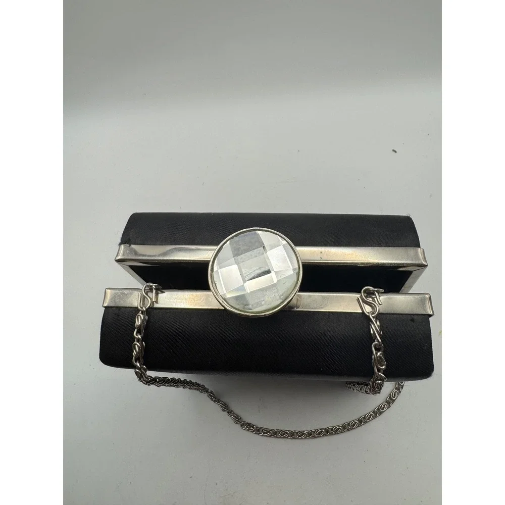 Black Satin Box Clutch Evening‎ Bag Rhinestone Gem Closure Silver Chain